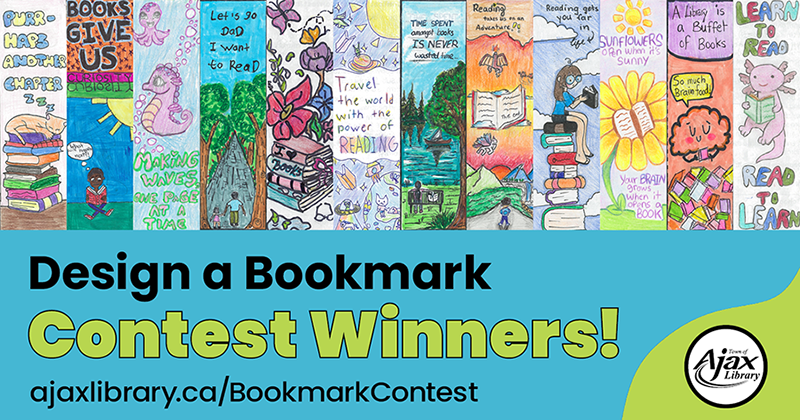 The twelve winning bookmarks in a grid with a blue and green rectangle.