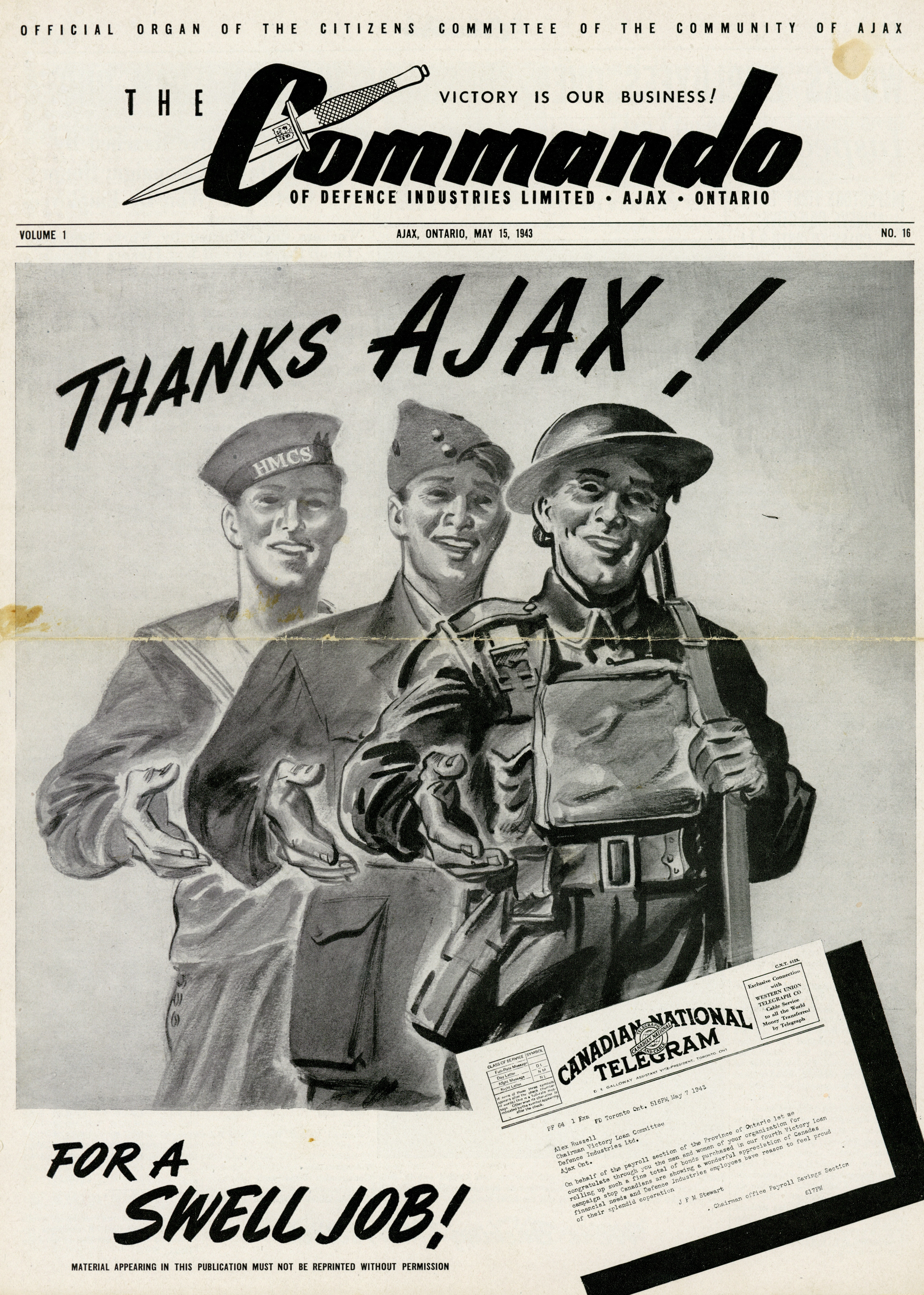 Cover of The Commando, one of Ajax's first newspapers. Volume 1, dated May 15, 1943.