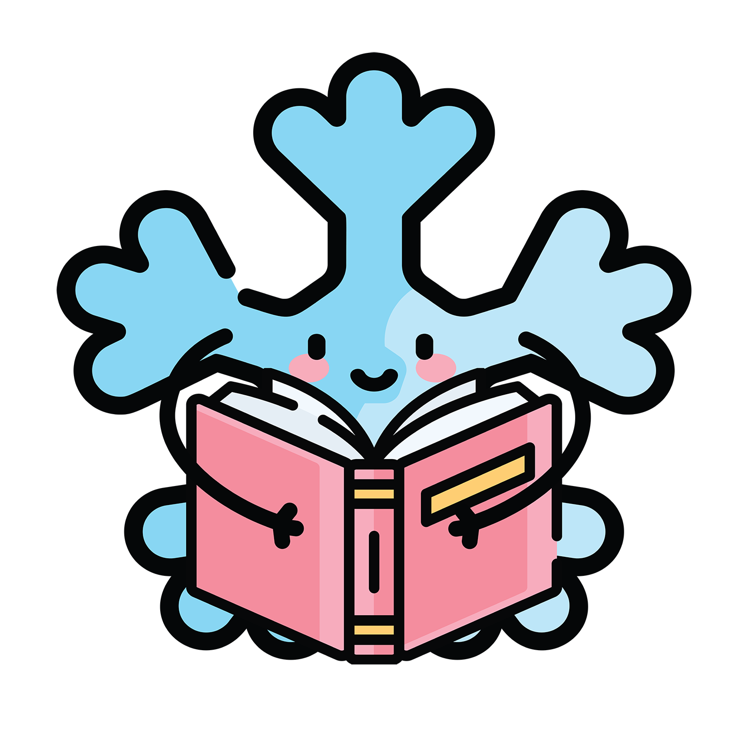 A smiling light blue snowflake reading a pink book. 