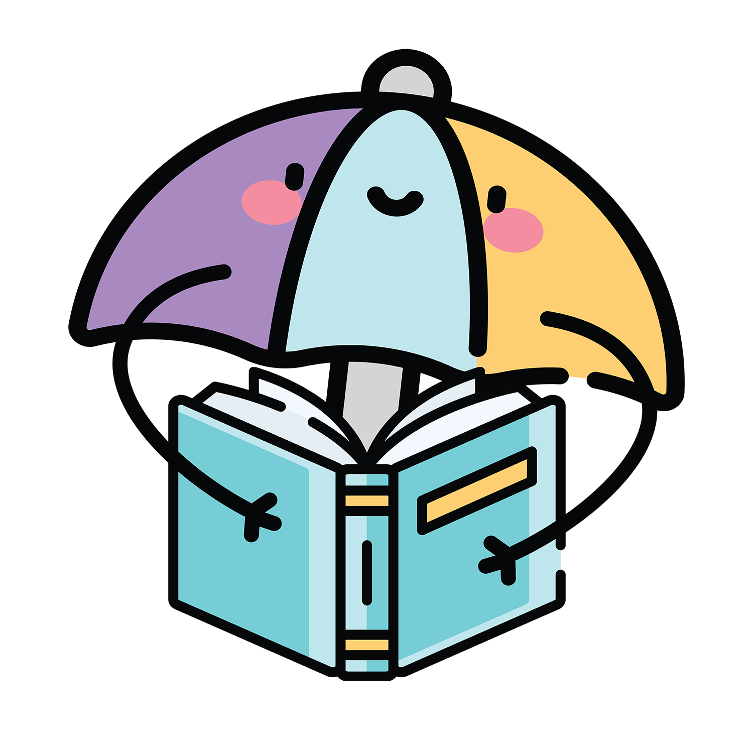 A smiling purple, blue, and yellow umbrella reading a teal book. 