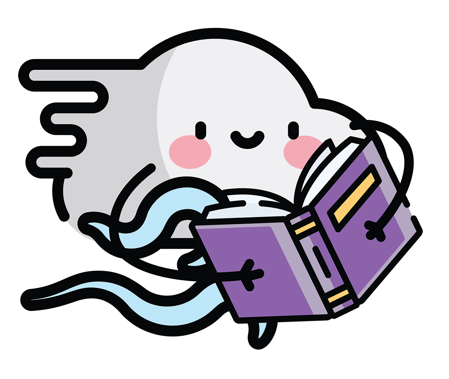 A smiling light grey windy cloud reading a purple book.