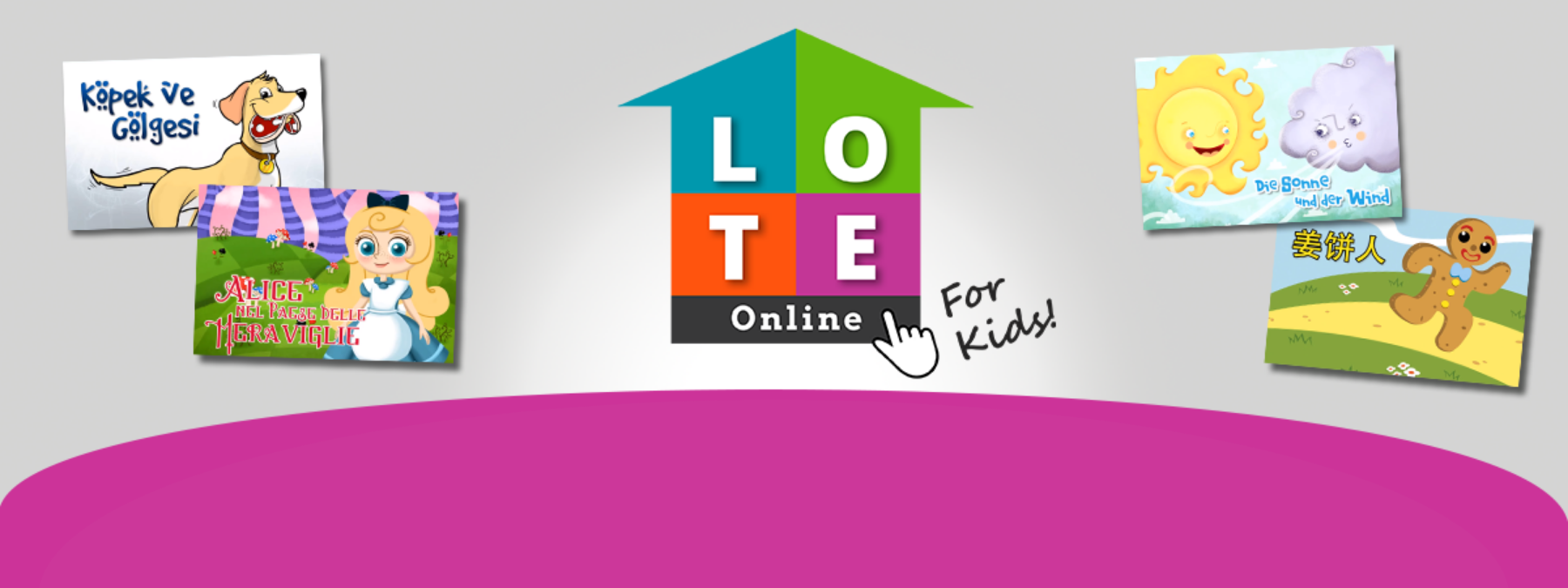Gray and purple background with 4 images of children's books with the LOTE Online for Kids logo in the centre.