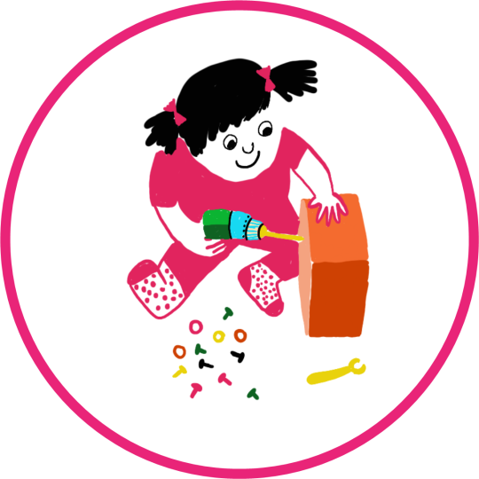 A girl with pig tails sits on the ground and uses tools on a box, surrounded by small bolts and screws in fun colours.