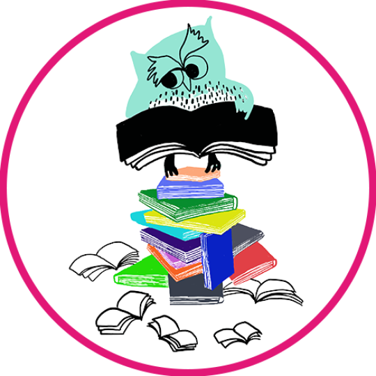 Illustrated teal owl sitting on a stack of colourful books and reading an open book.