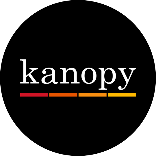 Kanopy logo, with four bars underneath in a gradient from red to dark orange, to orange, to yellow.