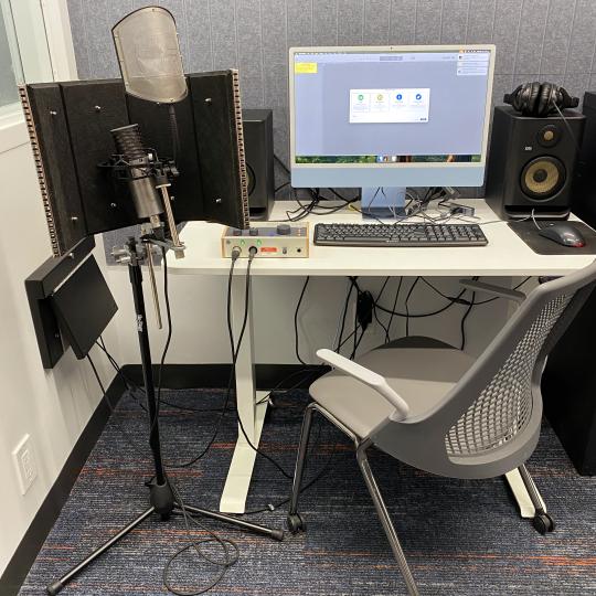 The Library's digital media setup including a microphone and recording software. 