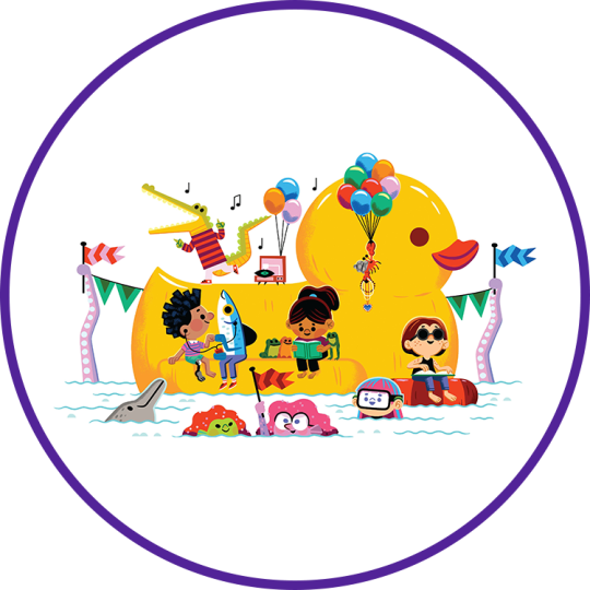 A cartoon drawing of children having a party on a giant rubber duck with a round purple border.