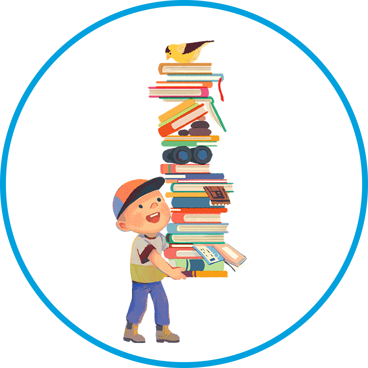 An illustration of a child carrying a huge stack of books.