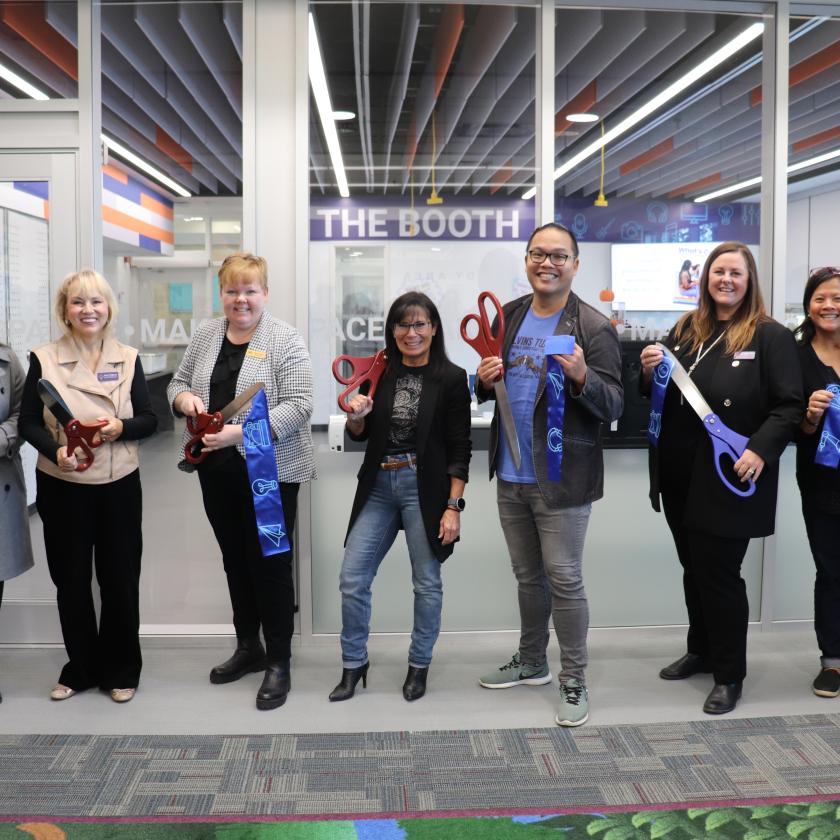 Local dignitaries at the ribbon cutting for the Library makerspace, October 28, 2023.