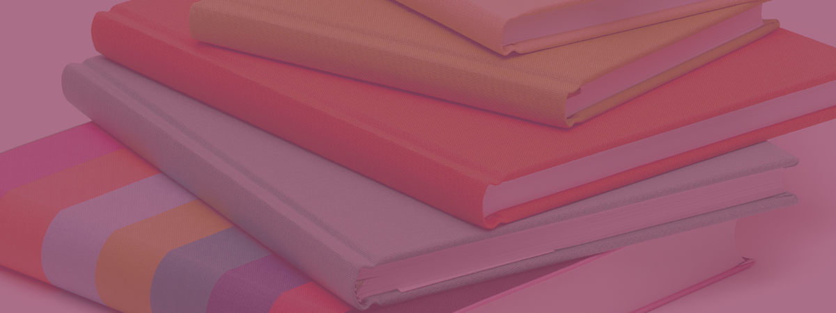 Colourful books stacked with a pink transparent overlay on top.