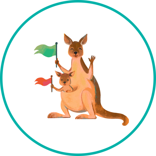 An illustration of a kangaroo holding a flag. There is a baby kangaroo in the pouch, also holding a flag.
